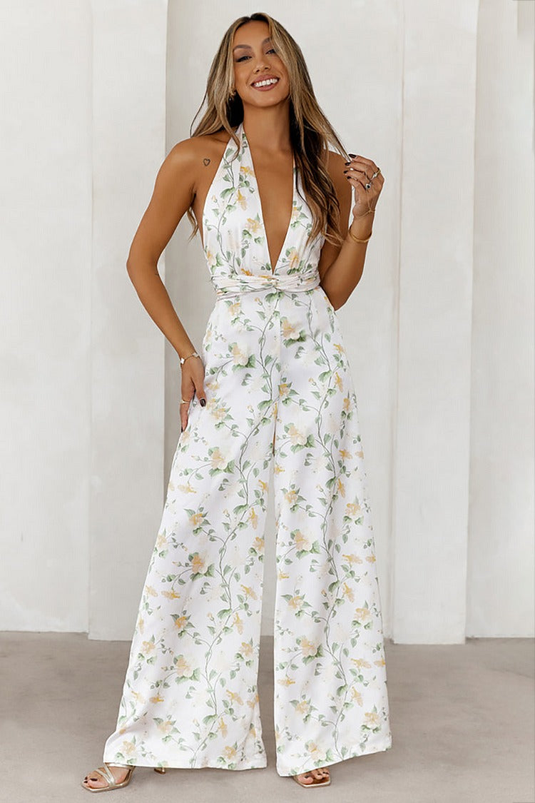 White Floral Halter Jumpsuit - Lily
