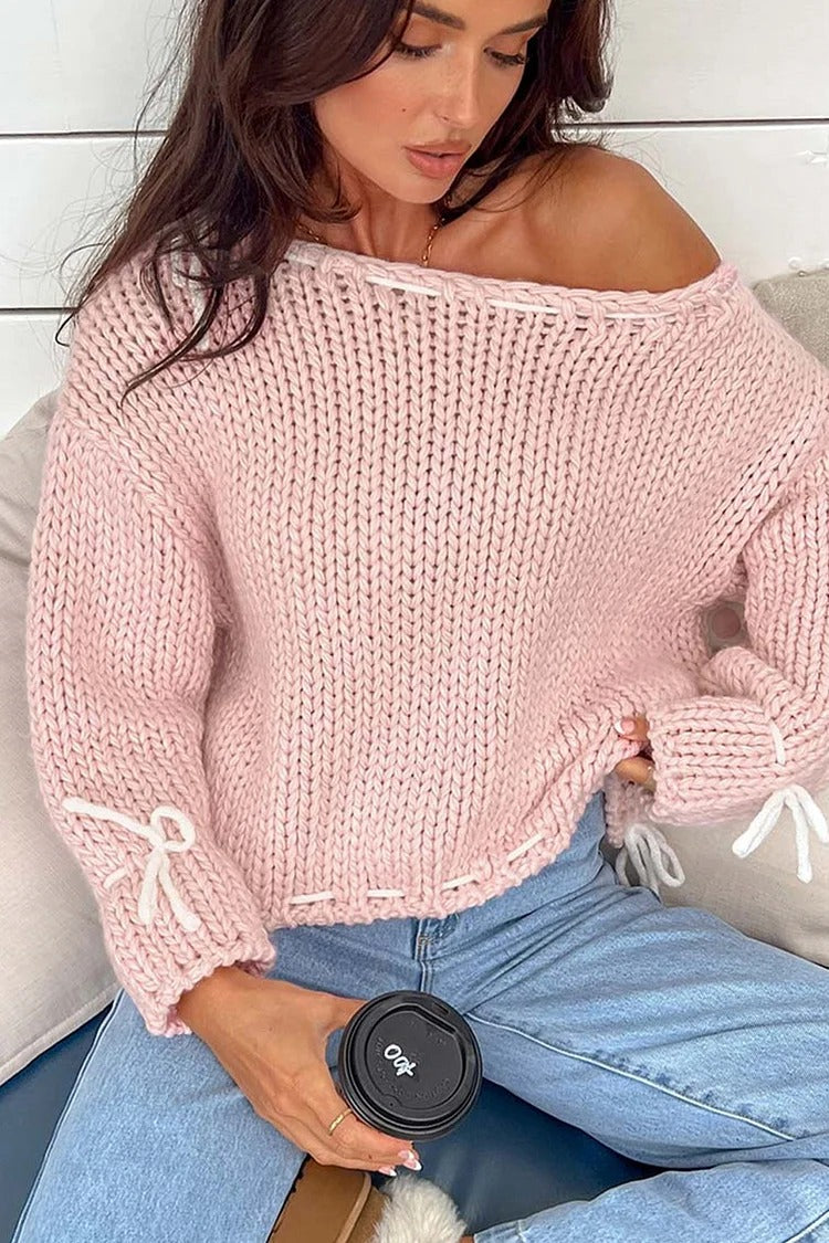 Beige Colorblock Tie-Up Knit Sweater - Ava