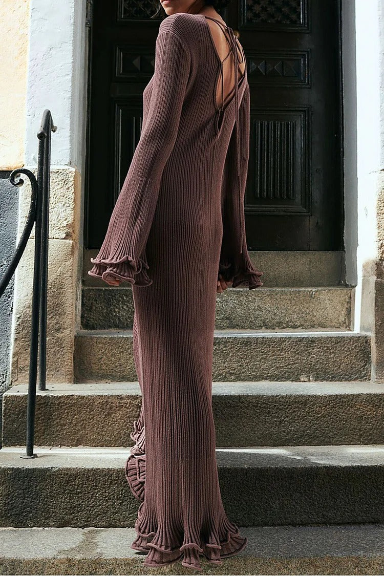 Brown Frilled Trim Flare Sleeve Pleated Backless Knit Sweater Maxi Dress - Sophia