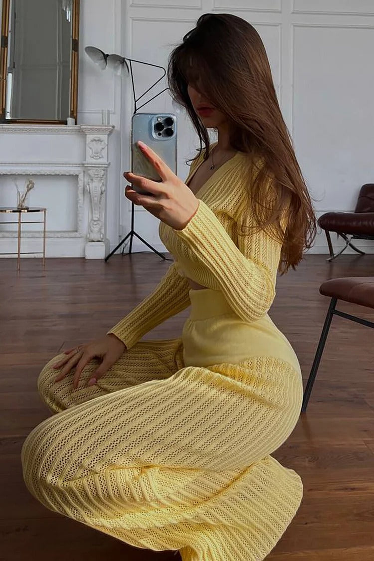 White Pleated Knit V-Neck Crop Sweater & High-Waist Pants Set - Isla