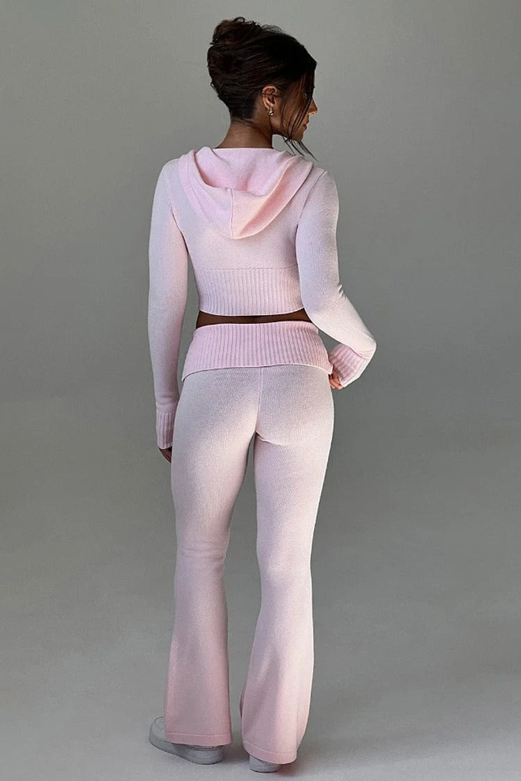 Pink Hooded Knit Crop Set - Ava
