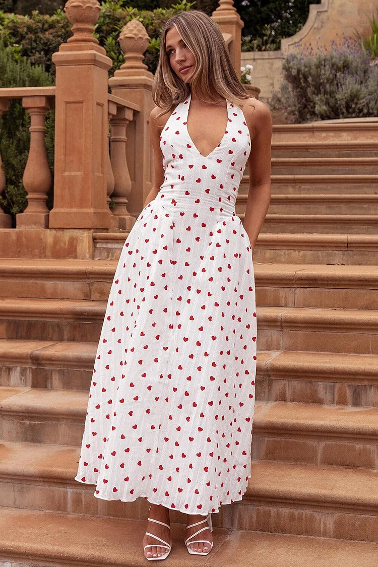 White Heart Print Halter Maxi Dress - Emma
