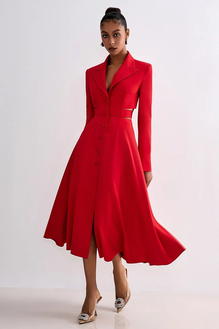 Red Notch Lapel Cutout Blazer Midi Dress - Isabelle