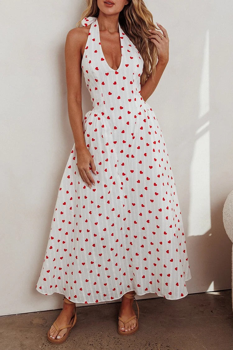 White Heart Print Halter Maxi Dress - Emma