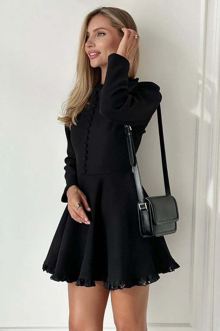 Black Frill Trim Mock Neck Mini Dress - Isabella