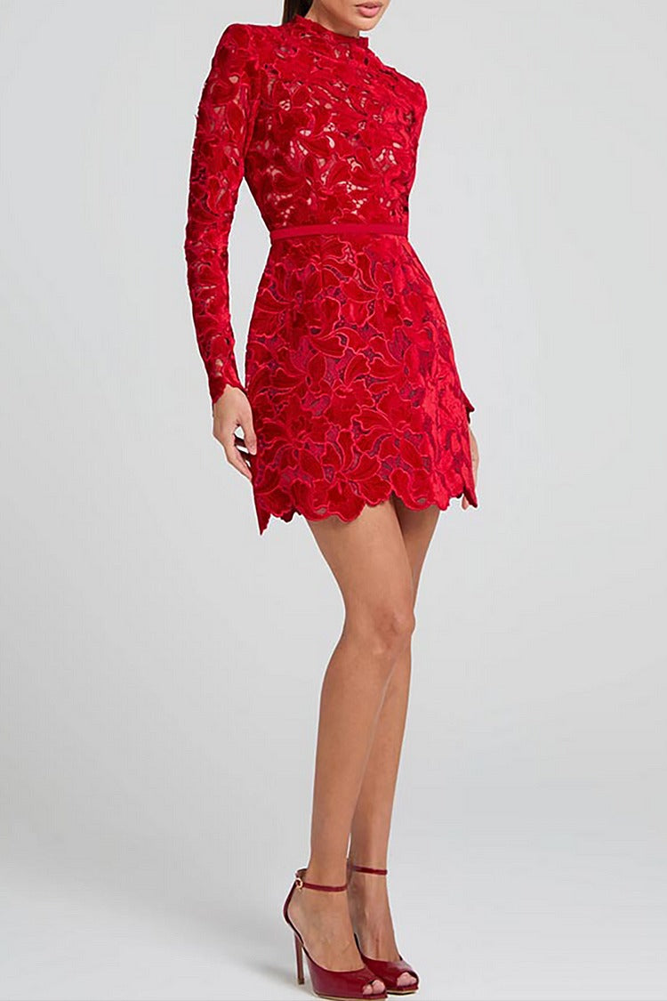 Red Floral Jacquard Mock Neck Mini - Sophia
