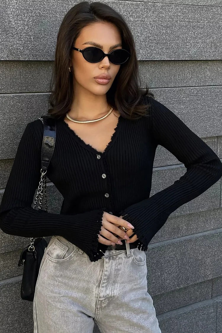 Khaki V-Neck Button-Up Crop Sweater - Emma