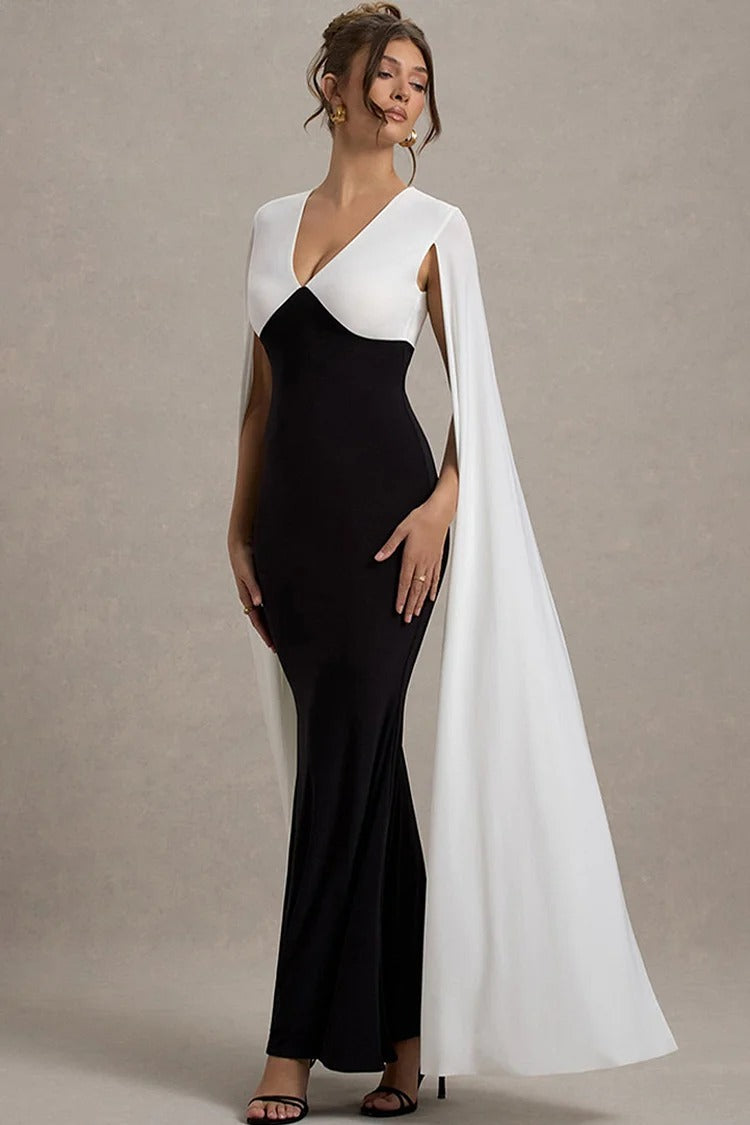 Black V Neck Cape Sleeve Fishtail Colorblock Bodycon Gown - Sophia