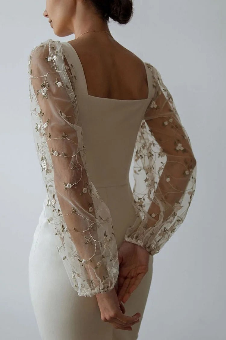 White Embroidered Lantern Sleeve Midi - Clara