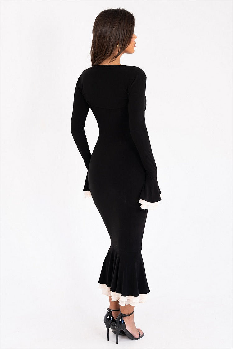 Black Ruffled Flare Sleeve Shrug & Fishtail Midi Dress Set - Elara