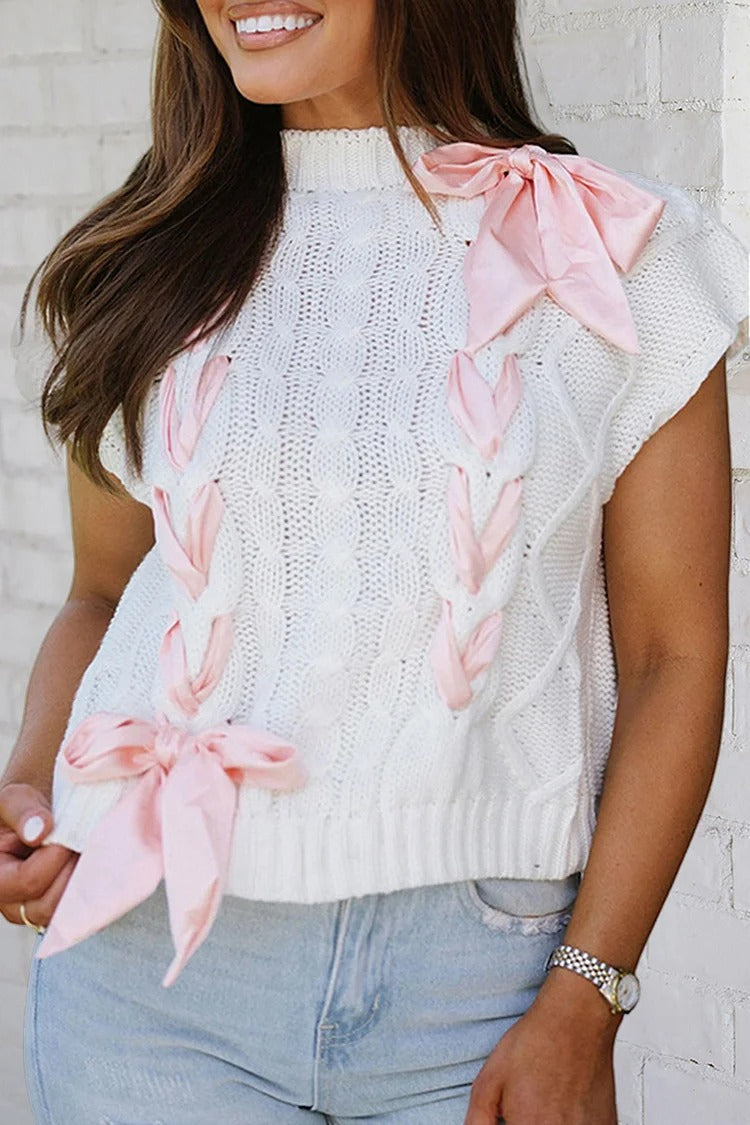 Brown Lace-Up Bow Knit Sweater - Emily