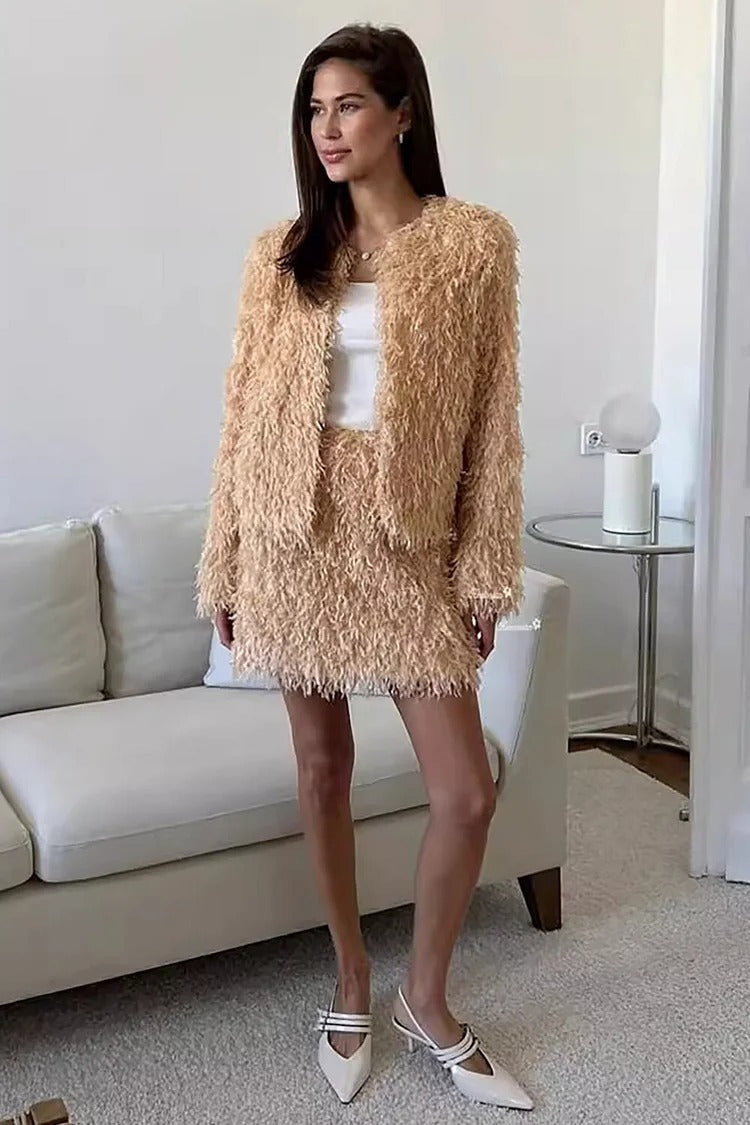 Gray Fringed Long Sleeve Coat & Bodycon Skirt Set - Ava