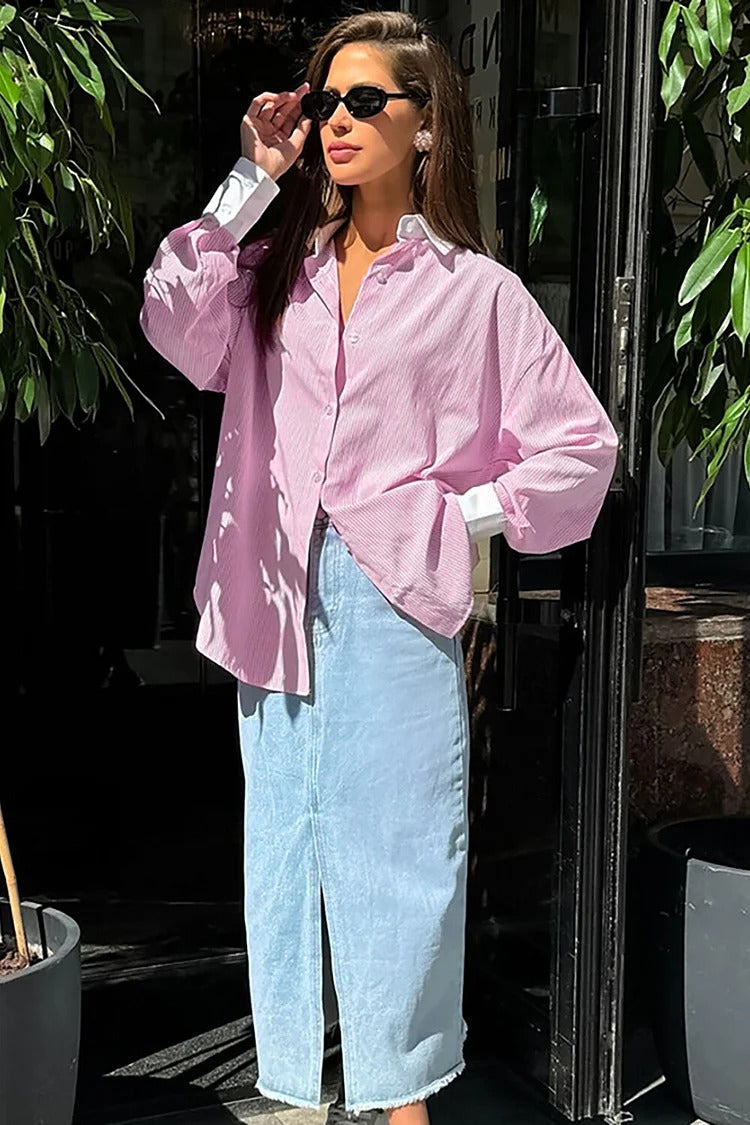 Pink Pinstripe Button-Up Blouse - Emma