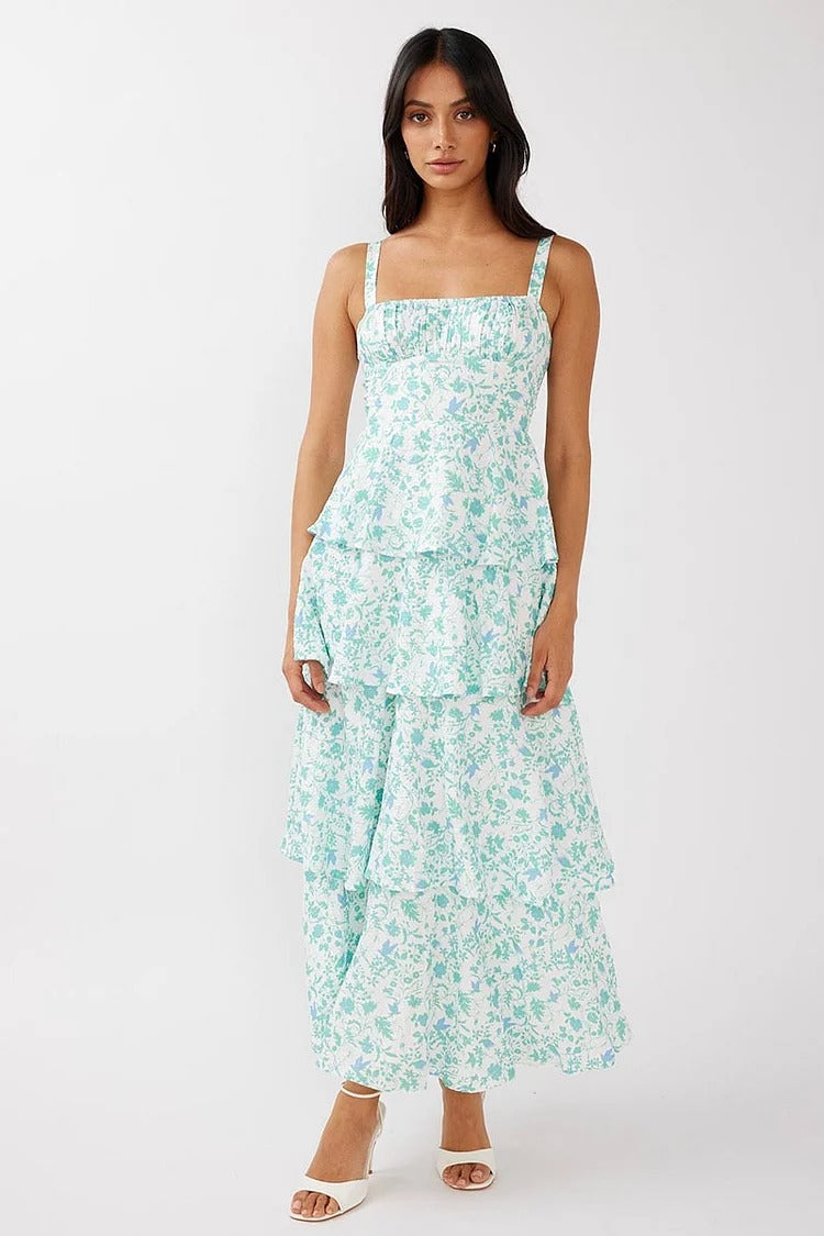 Blue Floral Square Neck Tiered Maxi Dress - Lily