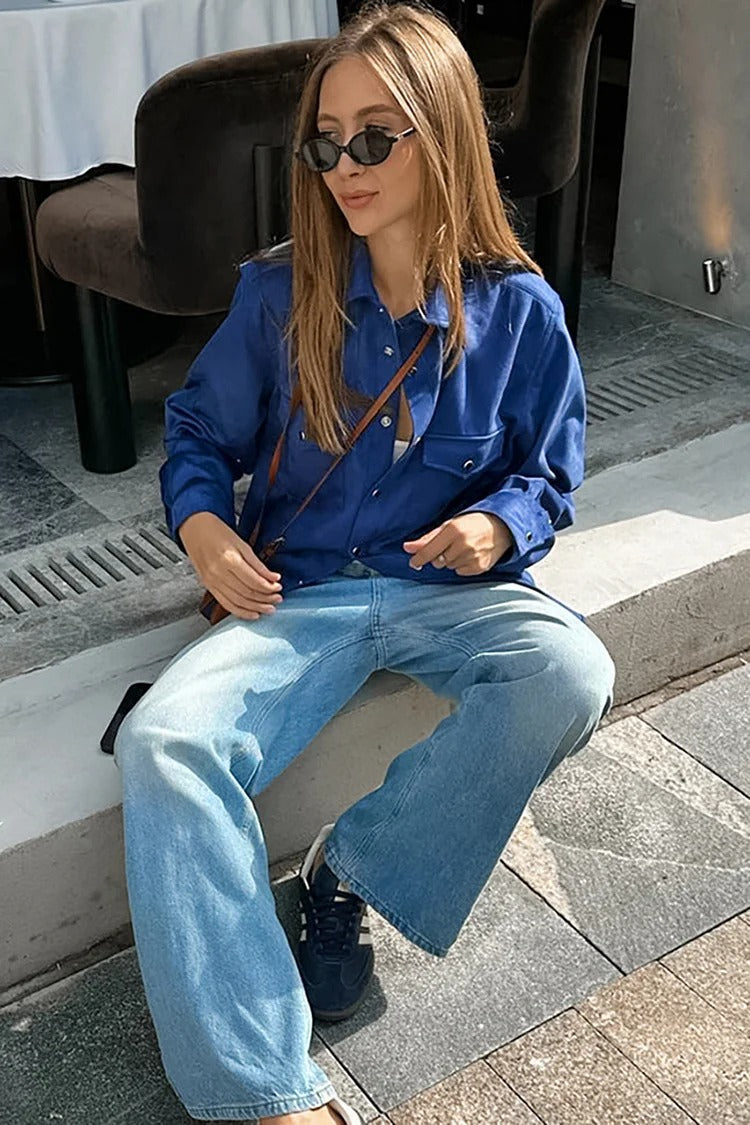 Blue Button-Up Long Sleeve Shirt - Sophia