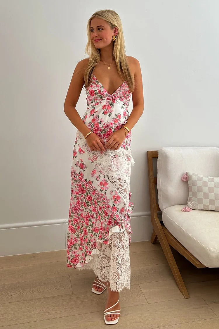 Green Floral Lace Slip Dress - Elara