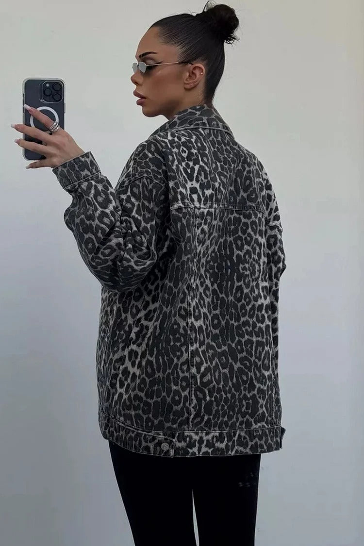 Gray Leopard Denim Jacket - Livia