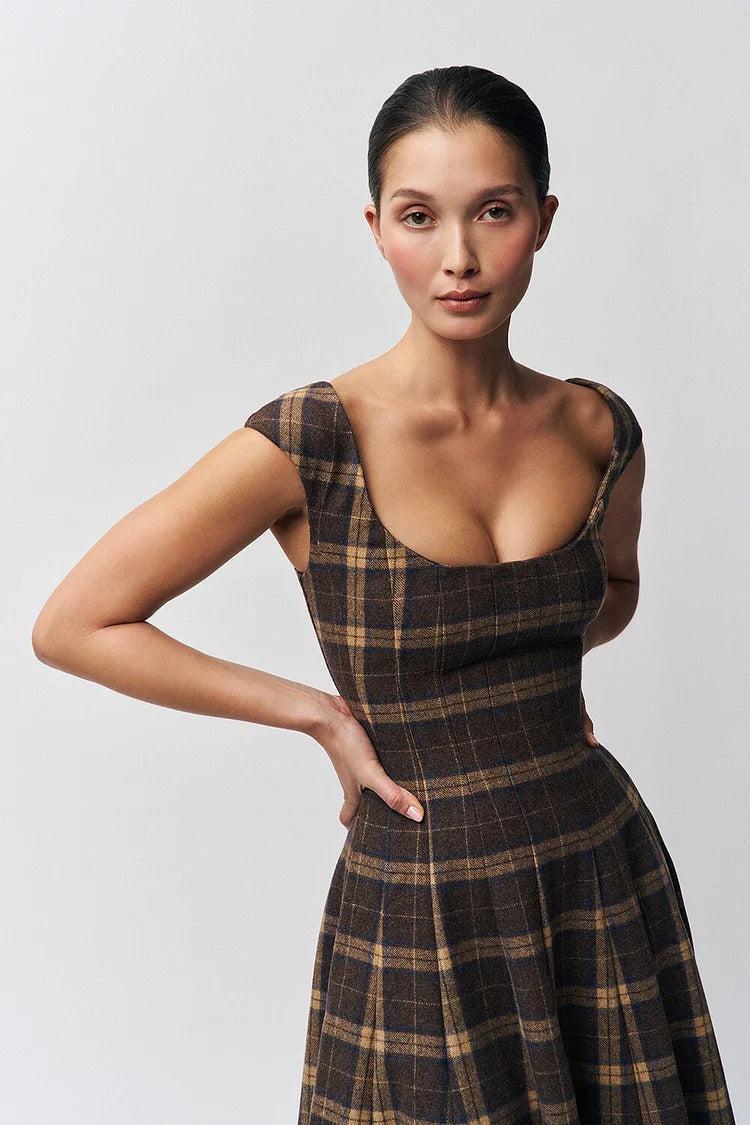 Brown Plaid Pattern A-Line Midi Dress - Sophie