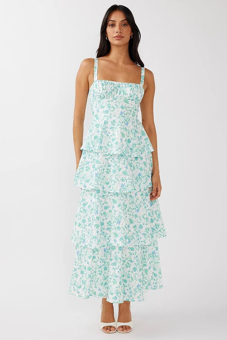 Blue Floral Square Neck Tiered Maxi Dress - Lily