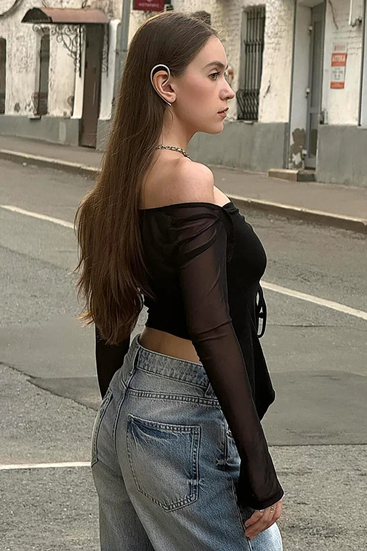 Black Off-Shoulder Sheer Tie-Up Top - Mia