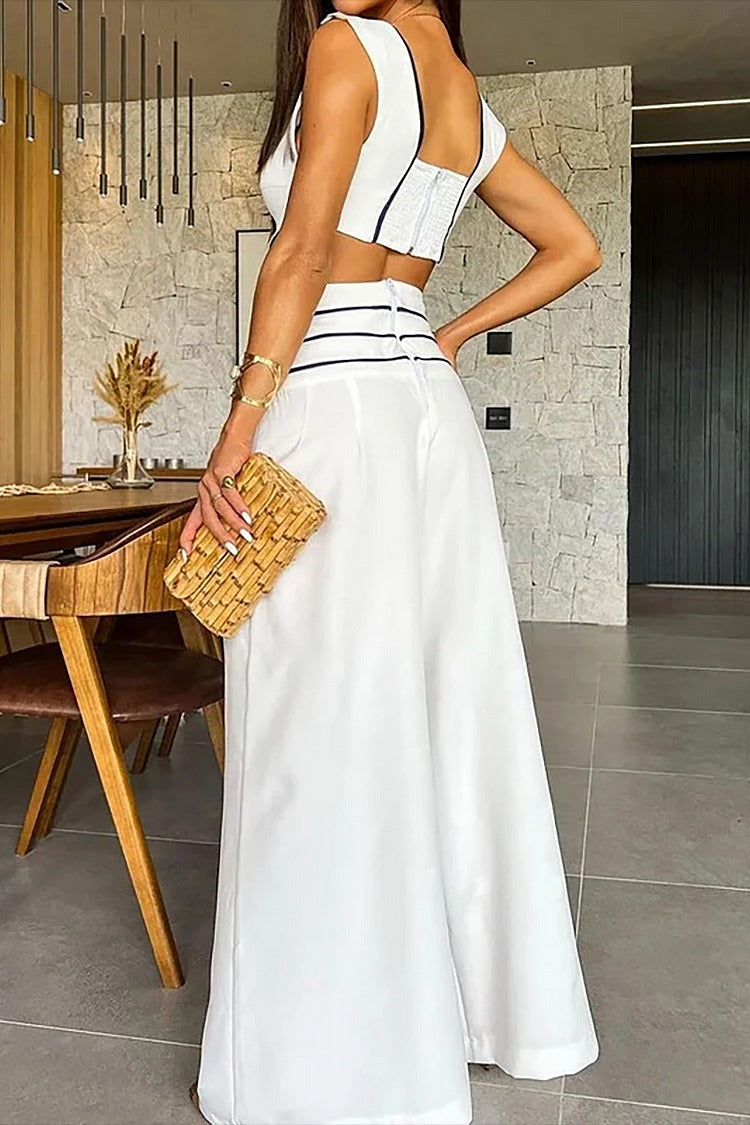 White V-Neck Crop Pants Set - Zoe