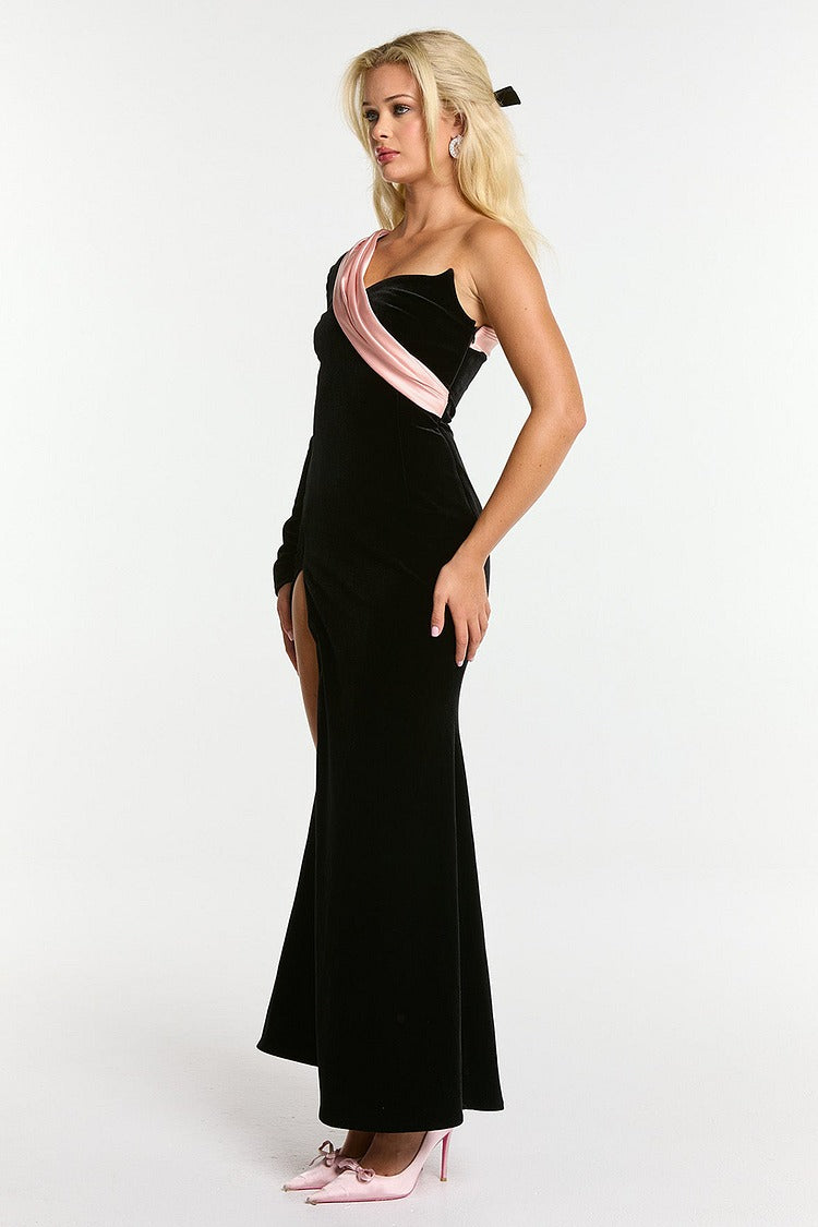 Black Velvet One-Shoulder Fishtail Dress - Harper