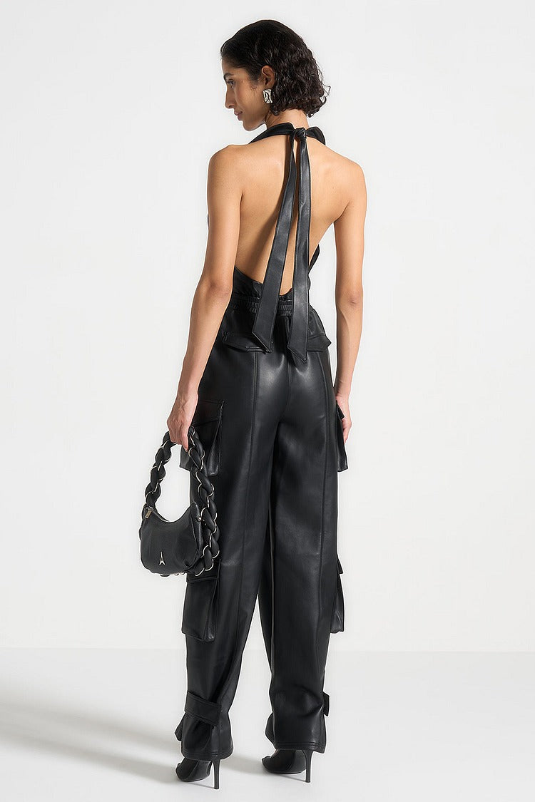 Black PU Leather Cargo Jumpsuit - Zoe