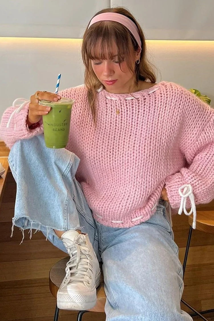 Beige Colorblock Tie-Up Knit Sweater - Ava