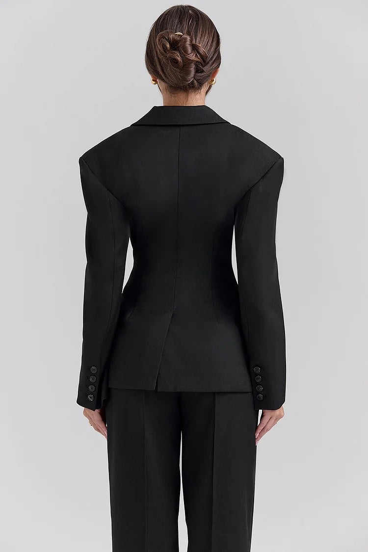 Black Cinched Waist Blazer Set - Olivia