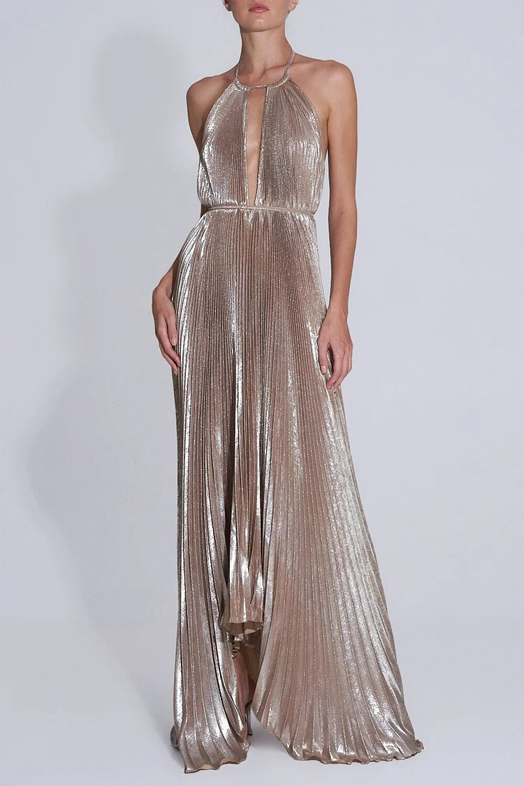Brown Shimmering Halter Backless Maxi Dress - Liana