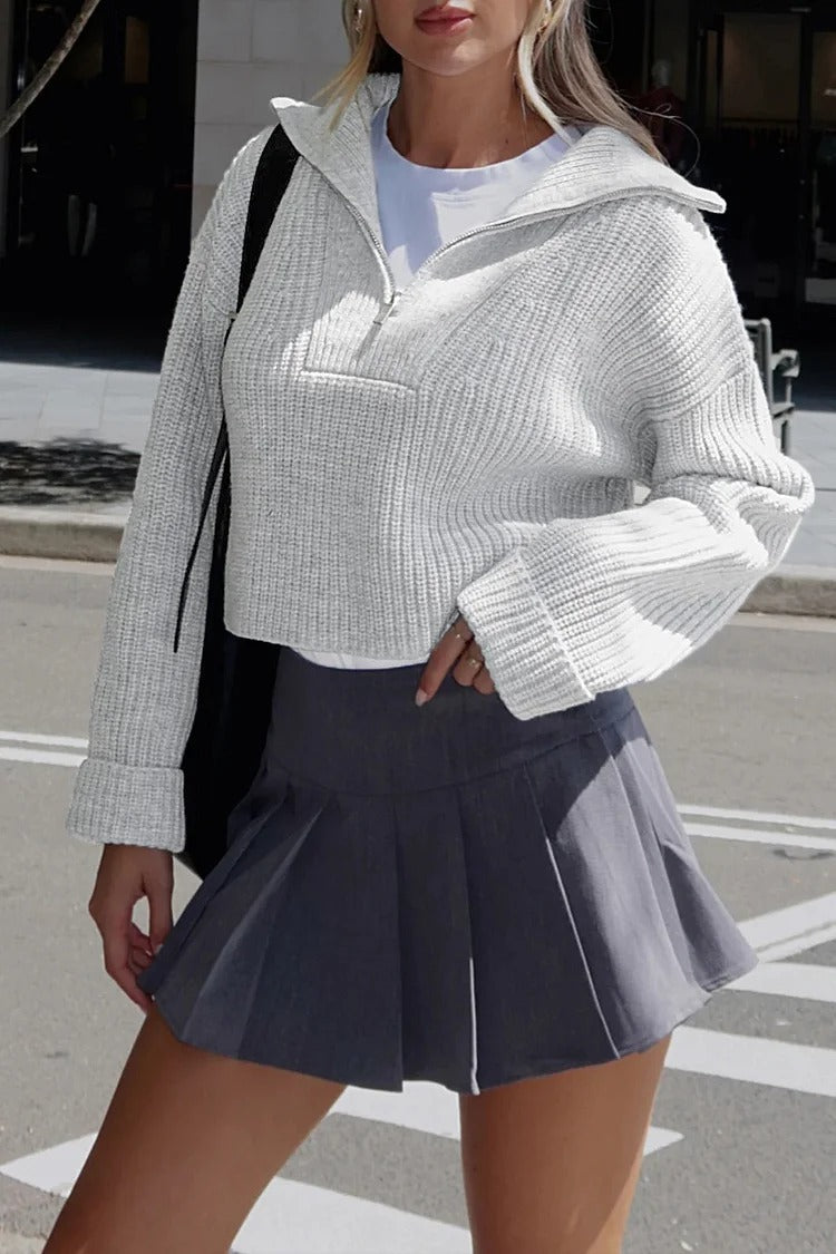 Gray Pleated Knit Zipper Crop Sweater - Ava
