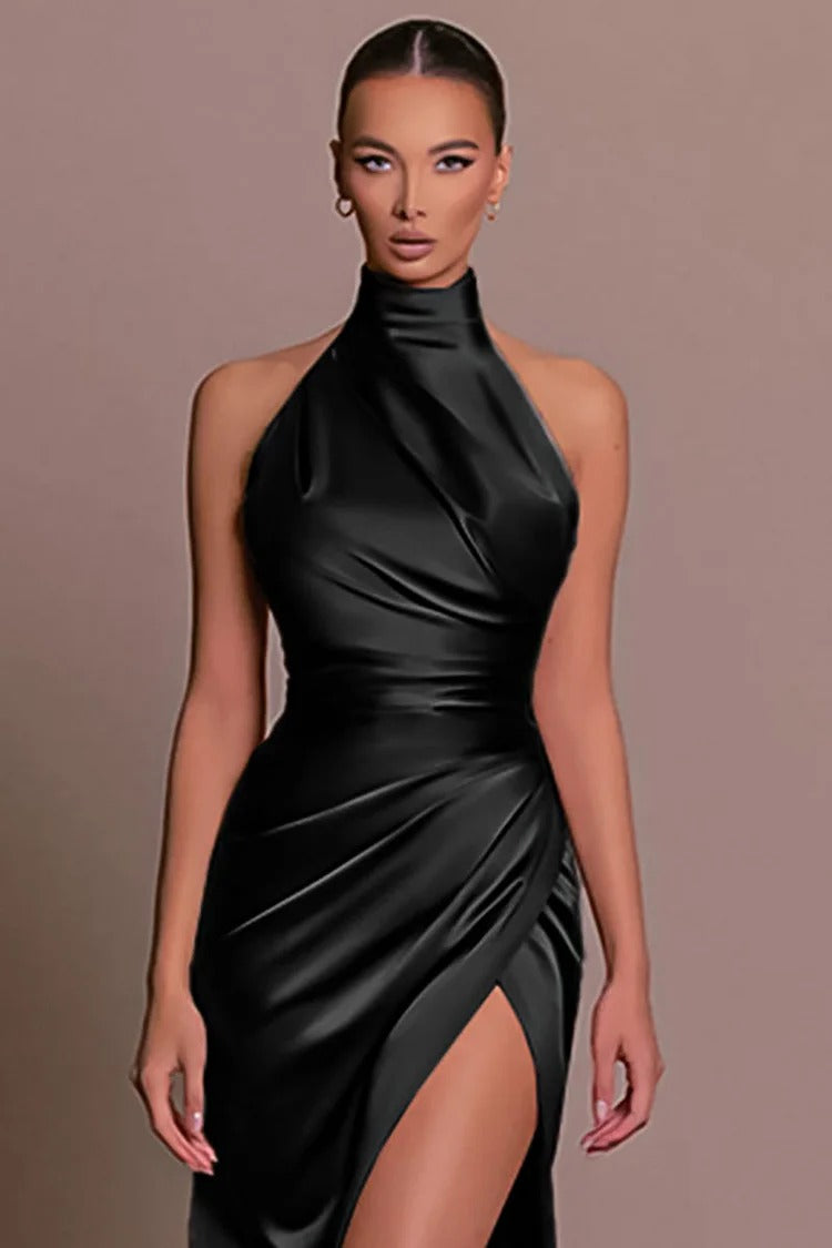 Black Satin High Neck High Slit Maxi Dress - Isabella