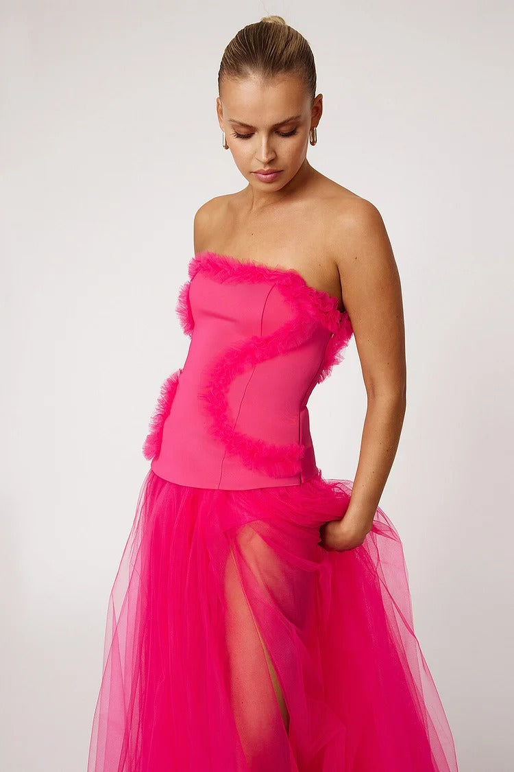 Deep Pink Frilled Tulle Patchwork Gown - Scarlett