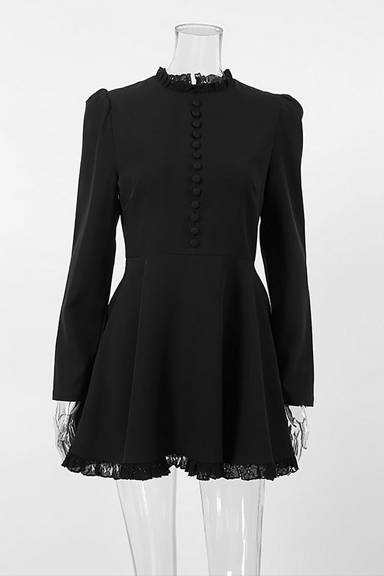 Black Frill Trim Mock Neck Mini Dress - Isabella