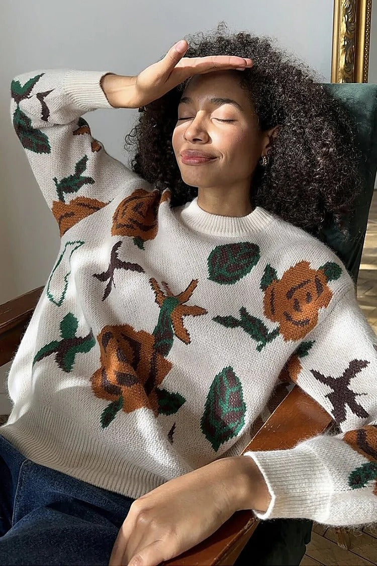 Ivory Floral Knit Round Neck Sweater - Emma