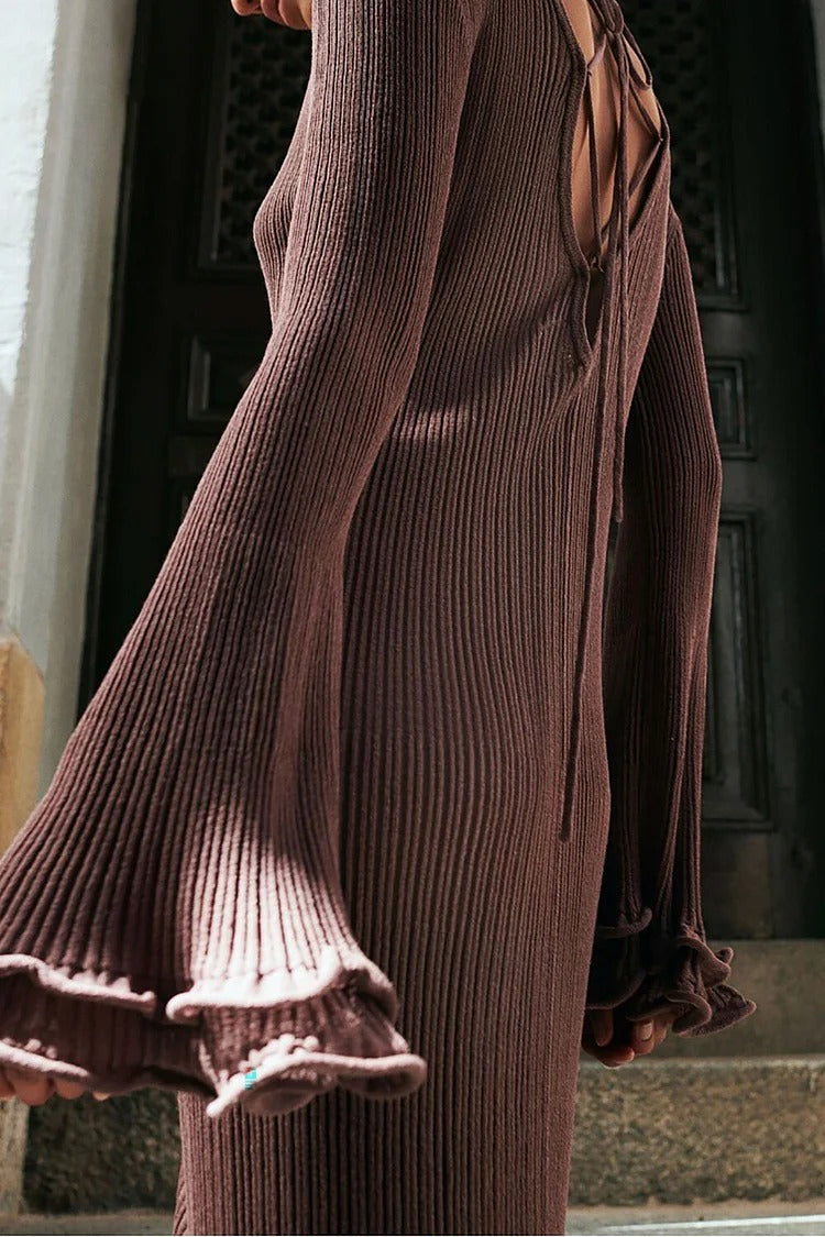 Brown Frilled Trim Flare Sleeve Pleated Backless Knit Sweater Maxi Dress - Sophia