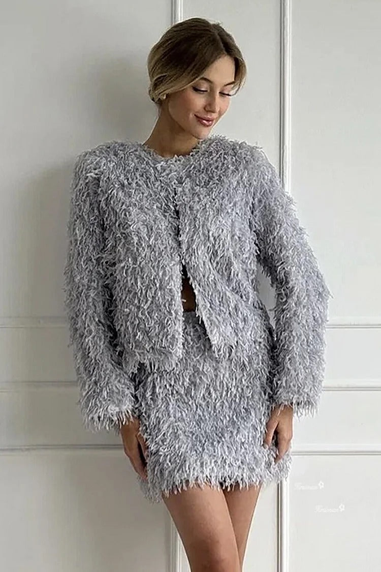 Gray Fringed Long Sleeve Coat & Bodycon Skirt Set - Ava