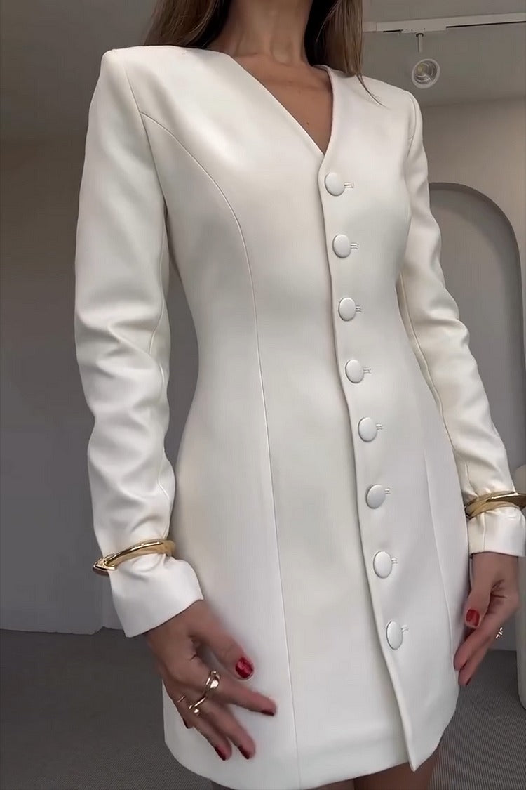 White Button-Up V-Neck Mini Dress - Liana