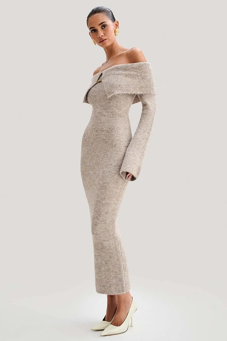 Beige Off Shoulder Overlay Long Sleeve Knit Bodycon Sweater Midi Dress - Amelia
