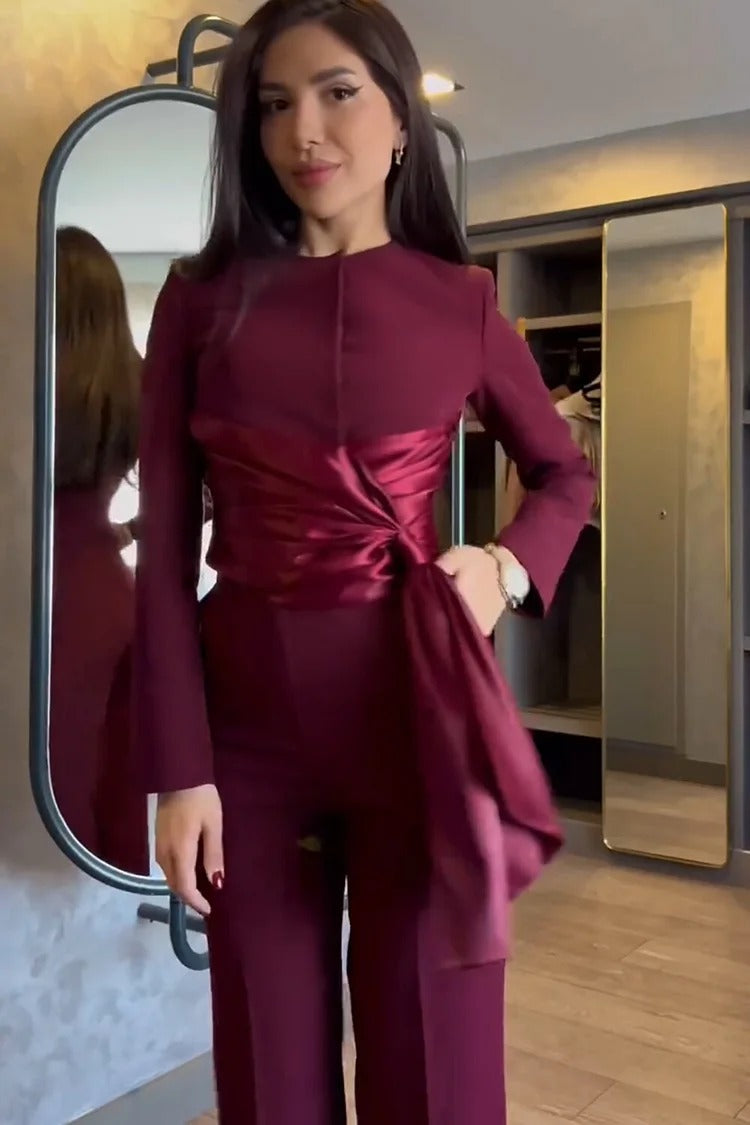 Burgundy Satin Ruched Waist Straight-Leg Jumpsuit - Valeria