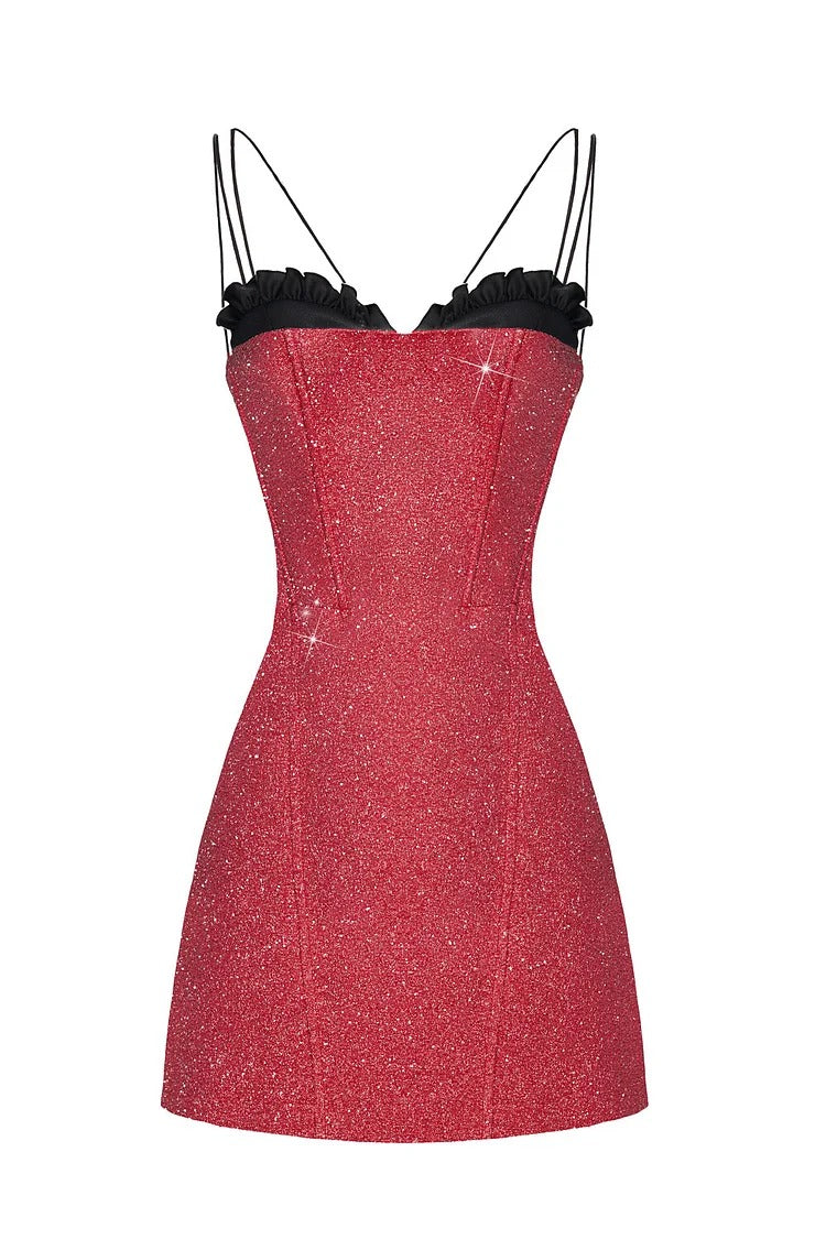 Red Shimmer Frilled Colorblock A-Line Mini Dress - Isabella