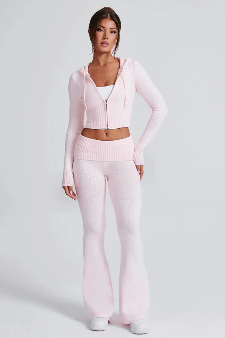 Pink Hooded Knit Crop Set - Ava