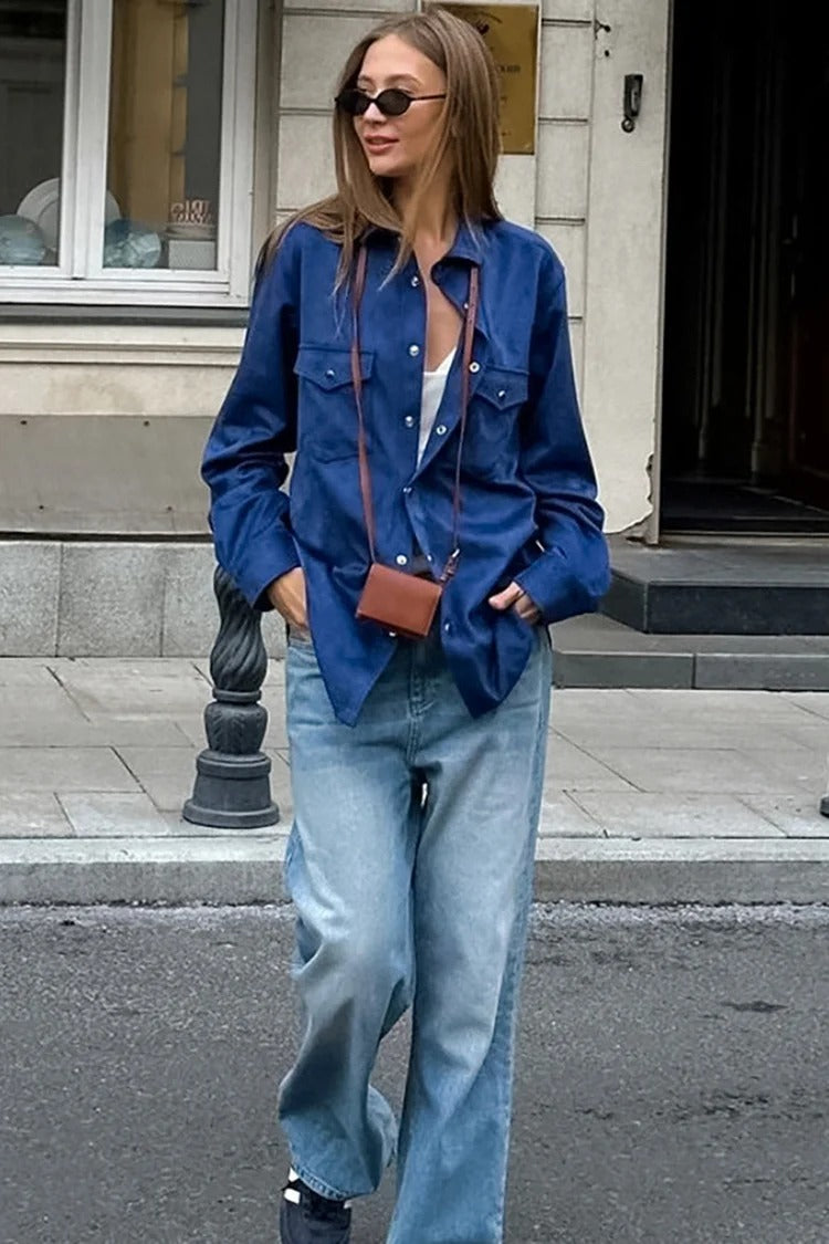 Blue Button-Up Long Sleeve Shirt - Sophia