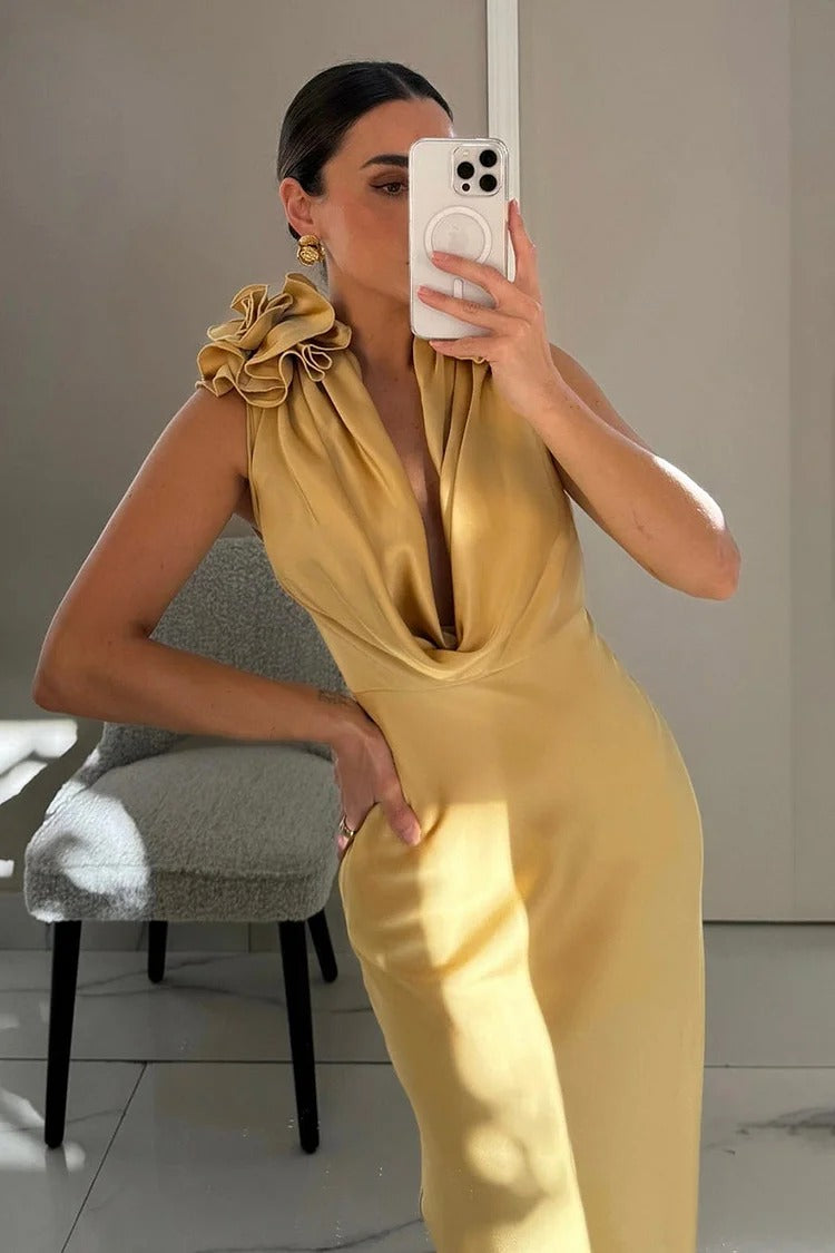 Gold Rosette Cinch Waist Maxi Dress - Sophia