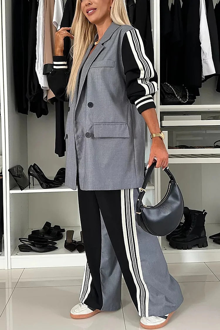 Gray Striped Blazer & Wide-Leg Pants Set - Avery