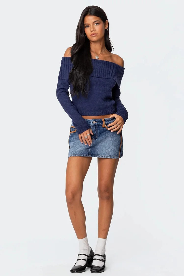 Navy Off Shoulder Knit Crop - Isla