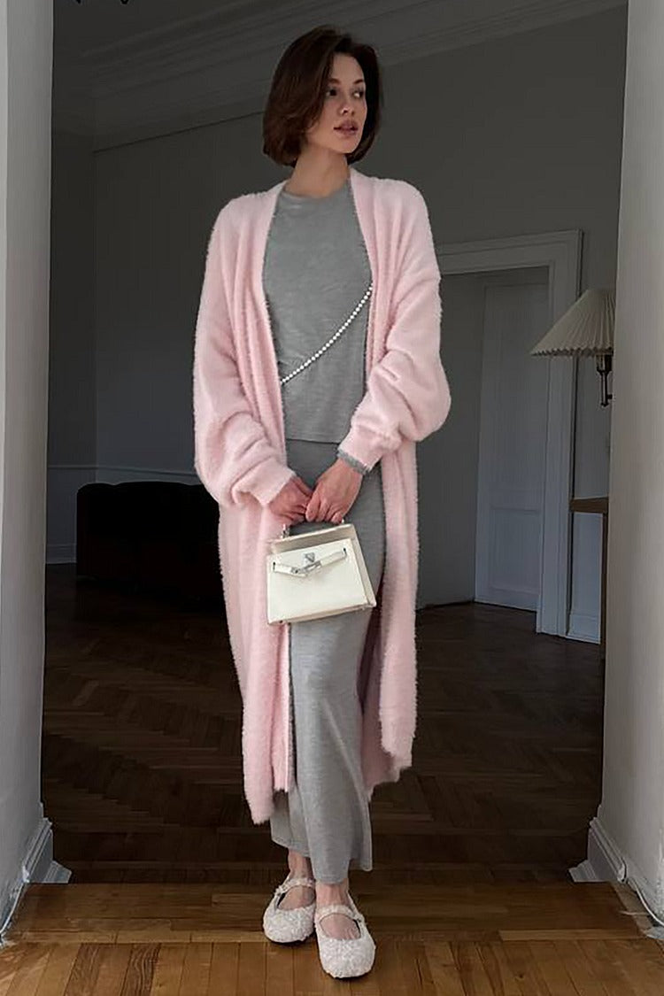 Pink Fuzzy Lantern Sleeve Cardigan - Amara