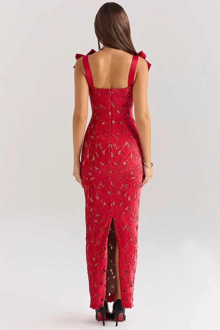 Red Floral Lace Velvet Gown - Emilia