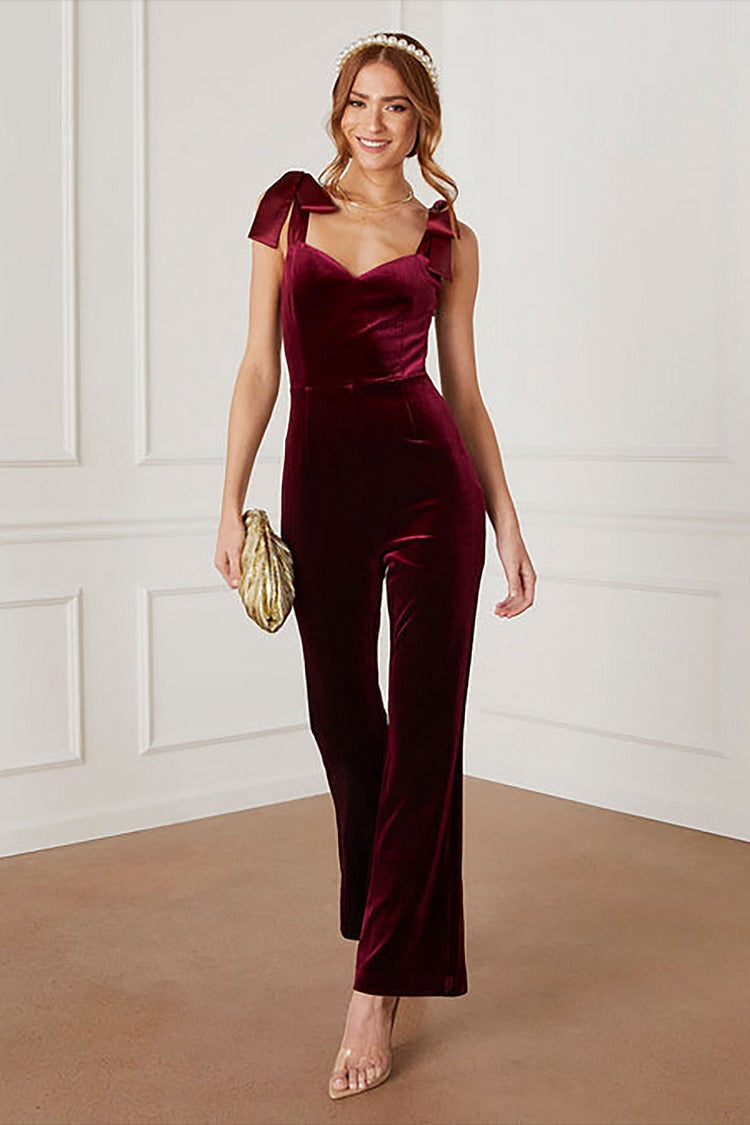 Burgundy Velvet Flare Jumpsuit - Celeste