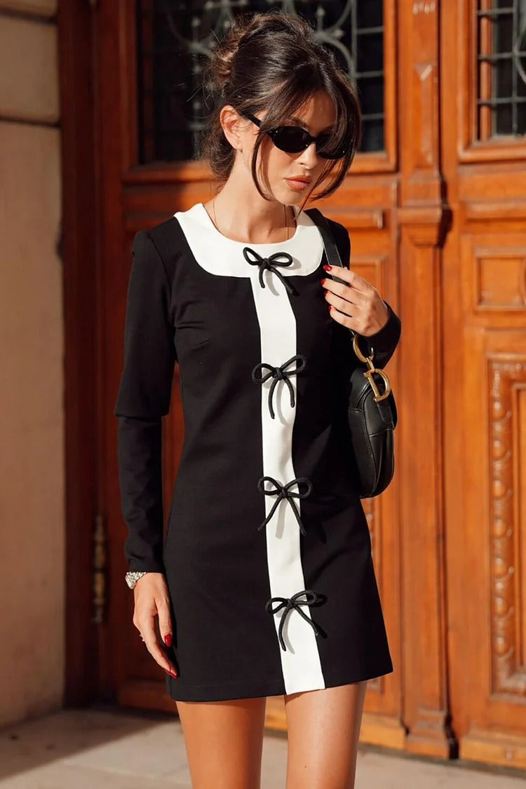 Black Bow Decor Colorblock Mini Dress - Lily